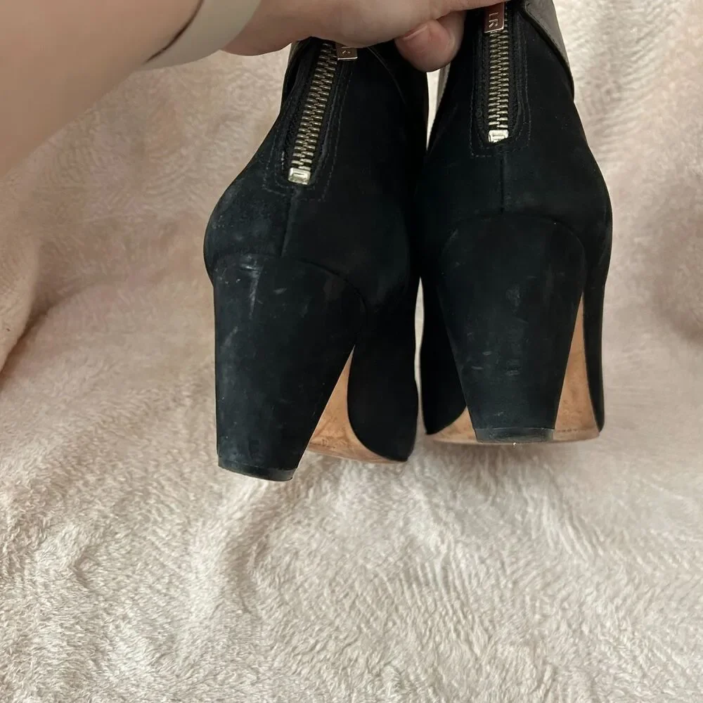 Loeffler Randall Suede Black Ankle Boots with Leather Peter Pan Collar